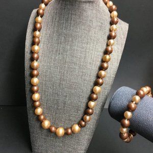 VTG Pop Bead Necklace Bracelet Brown Champagne Pearl Round Adjustable Retro